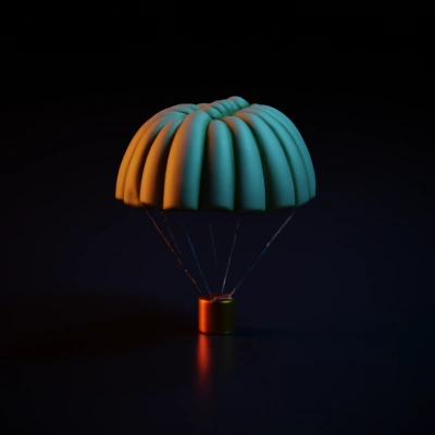 Parachute with orange container, collapsed strings.