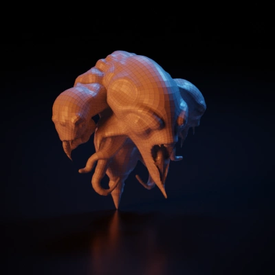 Three-headed alien monster with tentacles and fangs.
