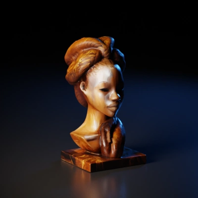 Wooden bust statue with detailed braids and realistic features.