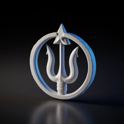 Emblem with trident inside a circle. symmetric geometry, smooth edges