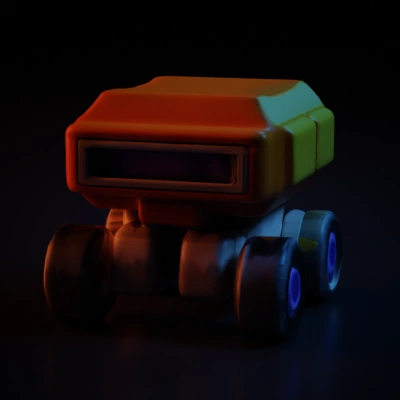 Small robotic rover on four wheels, futuristic design.