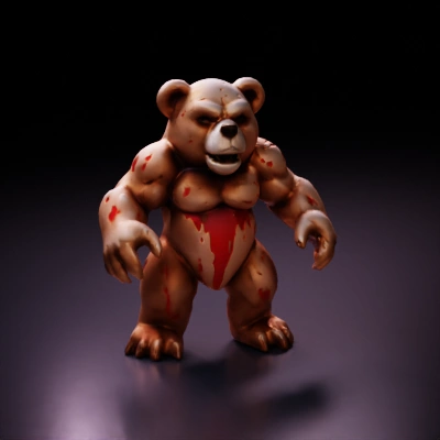 Muscular bear character with blood stains, fierce expression.