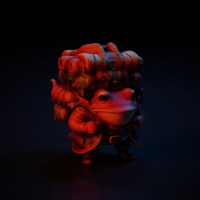 Frog-like character with heavy backpack, adventurer.