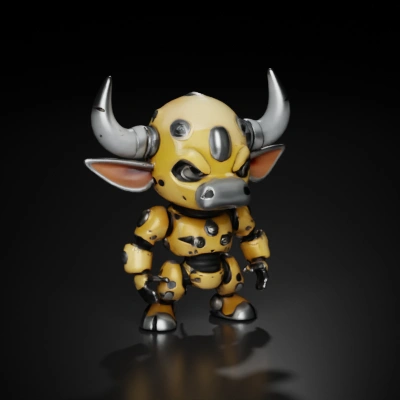 Robotic minotaur with horns, cartoonish design.