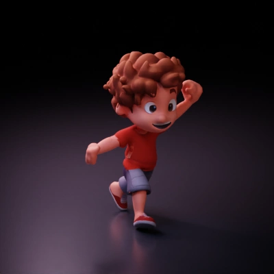 Young boy character running happily, kids' animation style.