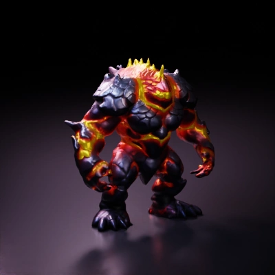 Lava golem with rocky armor, glowing cracks.