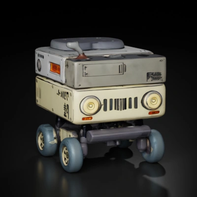Boxy robot with wheels, utility design.