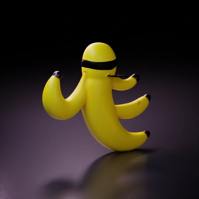 Masked humanoid banana, fighting pose.