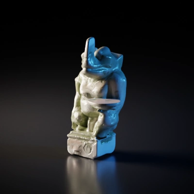 Statue of a rhino holding a plate. stone, 苔藓，asymmetric geometry
