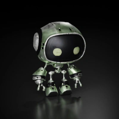 Retro-styled robot with antennas, metallic limbs.