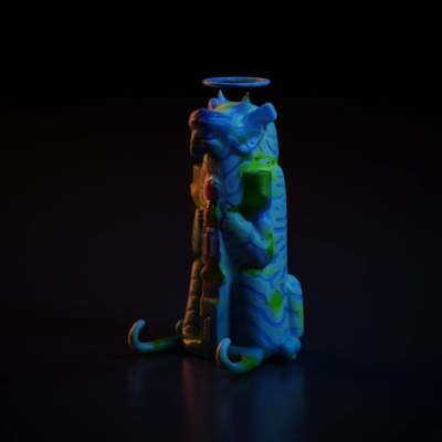Mythical creature statue, futuristic design, halo.