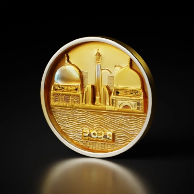 Commemorative coin with architectural landmarks.
