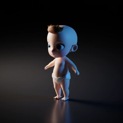 Animated baby character, cartoon 3D model with large eyes.