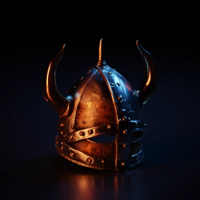 Viking helmet with metal rivets and horns. shiny polished metal