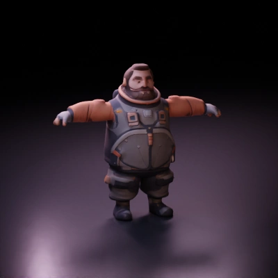 Cartoon-like astronaut with bulky suit and beard.