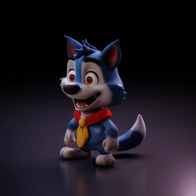 Cartoon wolf character with scarf, standing upright.