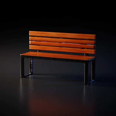 Wooden bench with slatted seat and backrest.