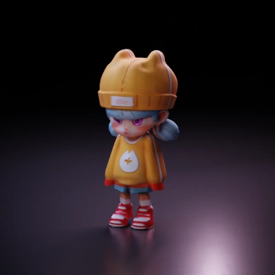 Chibi-style character with oversized hat, neutral pose.