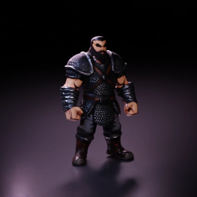 Medieval warrior in armor, fierce expression, strong build.