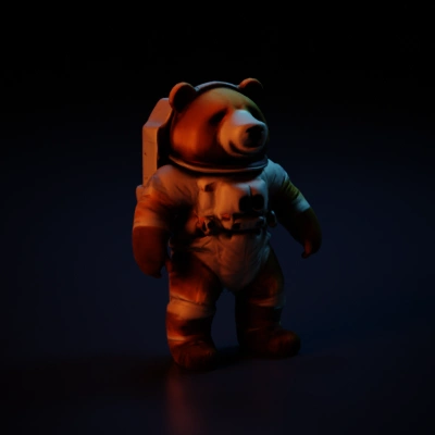 Astronaut bear, spacesuit, camera, mission pose.