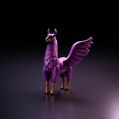 Llama with wings, fantasy creature, standing on four legs.