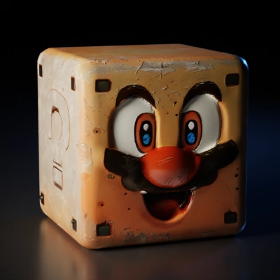 exquisite 3d image of a block from super Mario, lovely cartoon style colorful ultra minimalistic, smooth colors, symmetric, playful, doodle, soft, digital art, front view, soft texture, simple composition, lovely, aesthetically pleasing, sticker style logo, charm, whimsy, perfect for a positive and engaging brand presence,