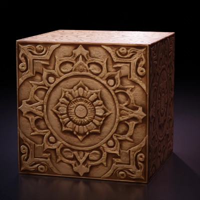 Intricate floral stone carving with circular motifs.