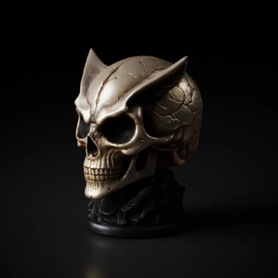 Demonic skull with horn-like structures, dark base.