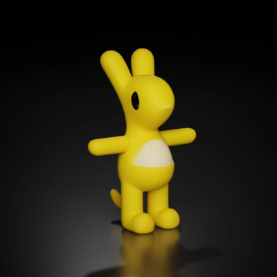 Stylized rabbit figure, playful posture.