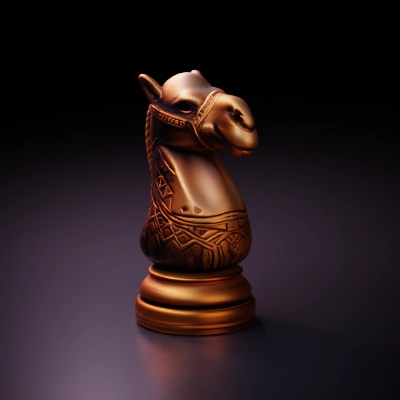 Chess knight piece, detailed carvings, horse head.