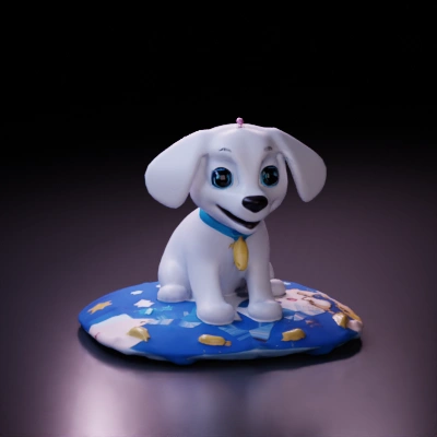 Cute cartoon puppy with collar, big eyes, sitting on moon surface.