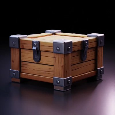 Wooden crate with metal reinforcements.