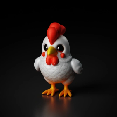 Chubby cartoon rooster with exaggerated features.
