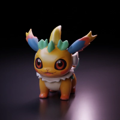 Cute fantasy creature with colorful feathers, headphones.