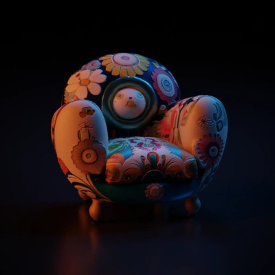 Flowery patterned armchair with colorful rounded design.