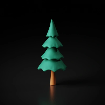 Stylized cartoon pine tree, simplistic layers, conical shape.