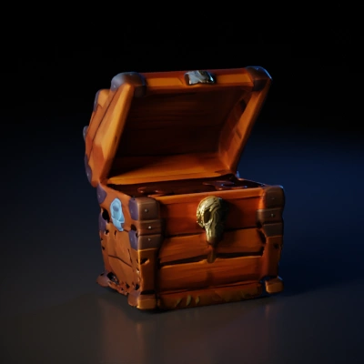 Treasure chest with lock and valuables inside.