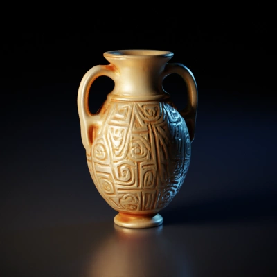 Intricately carved ancient vase, double handles, organic patterns.