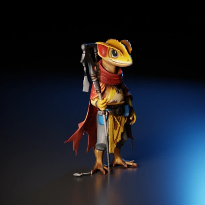 bipedal gecko video game merchant holding desert staff and wearing ragged dirty weathered desert rags, friendly, quirky personality, borderlands art style