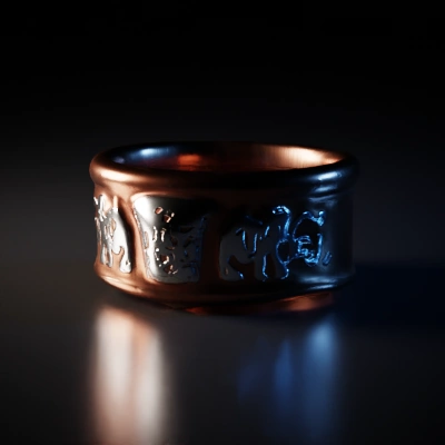 Engraved metallic ring with intricate symbols.
