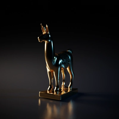 a stylish metal statue of a llama, with a fancy "GenAI" logo engraved on one side and "May'24" engraved on the other side.
