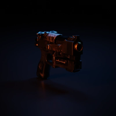 Futuristic sci-fi handgun with intricate detailing.