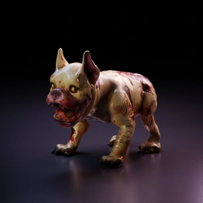 Zombie-like monstrous dog, horrifying and aggressive.