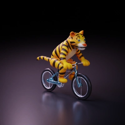 Tiger riding a bicycle, cartoon style.