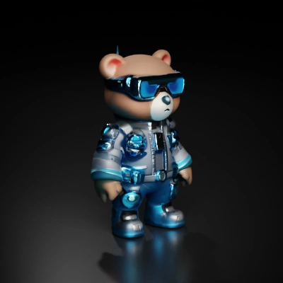 Teddy bear cyborg, futuristic design, with goggles.