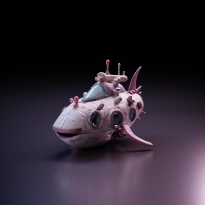 Whale-like spaceship, rounded fins, bubble windows, sci-fi.
