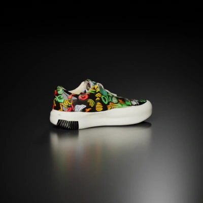 Stylish sneaker with funky, colorful design on canvas.