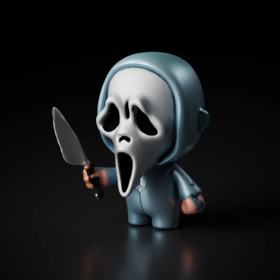 Masked character holding knife, horror theme.