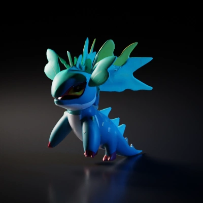 A large, fantastical dinosaur-like creature with a vibrant array of spiky, neon-colored fins running along its back and a heavily scaled, textured body.