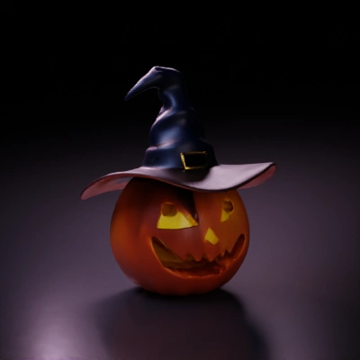 Jack-o'-lantern with witch hat, spooky face.